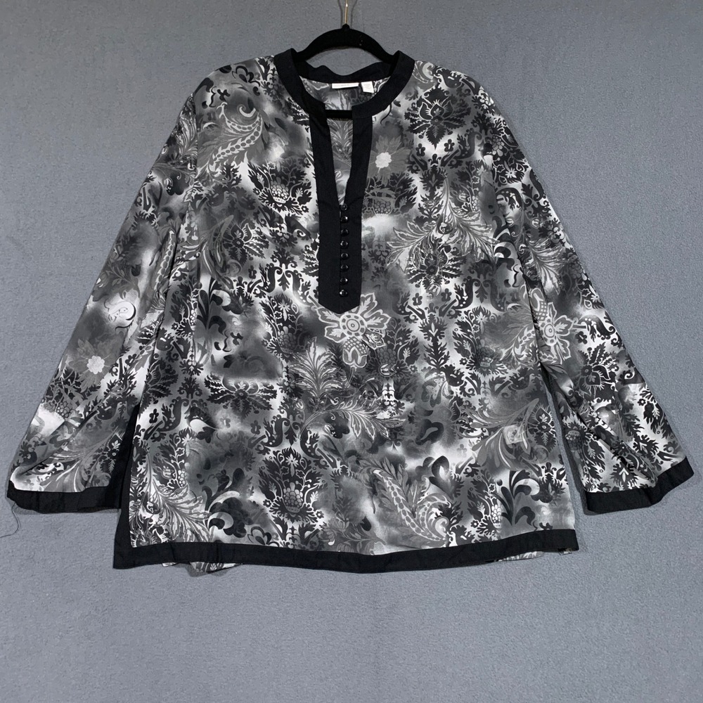Apt 9 Womens 2X Black Gray Floral Print Long Sleeve Button Tunic Top Blouse